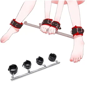 סט רצועות אזיקים BDSM עבדים שחור ובר נירוסטה (לידיים ולרגליים)